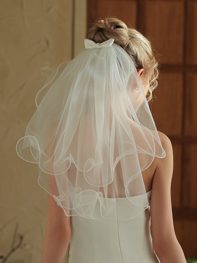 Short Bow-embroidered Double-layered Rolled-edge Bridal Veil
