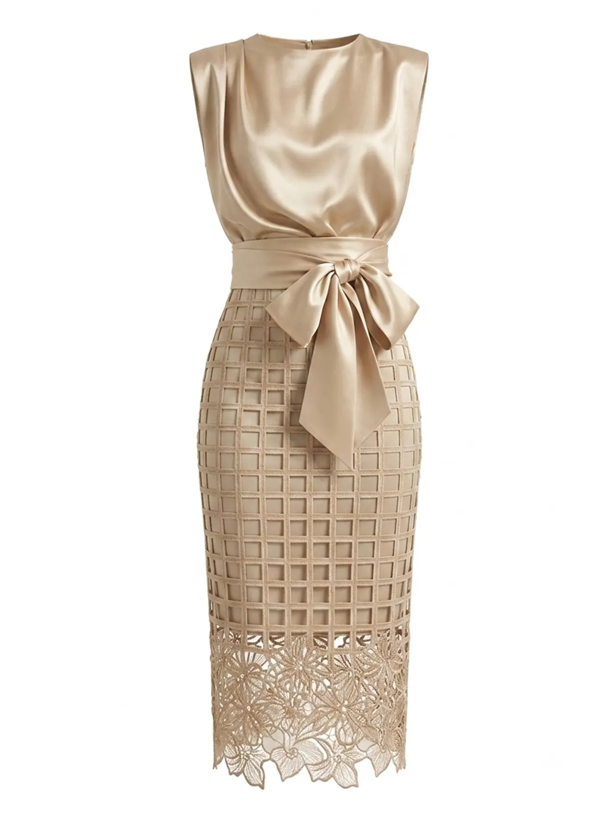 Women Champagne Lace Crew Neck Sleeveless Elegant Top With Skirt Two-Piece Set