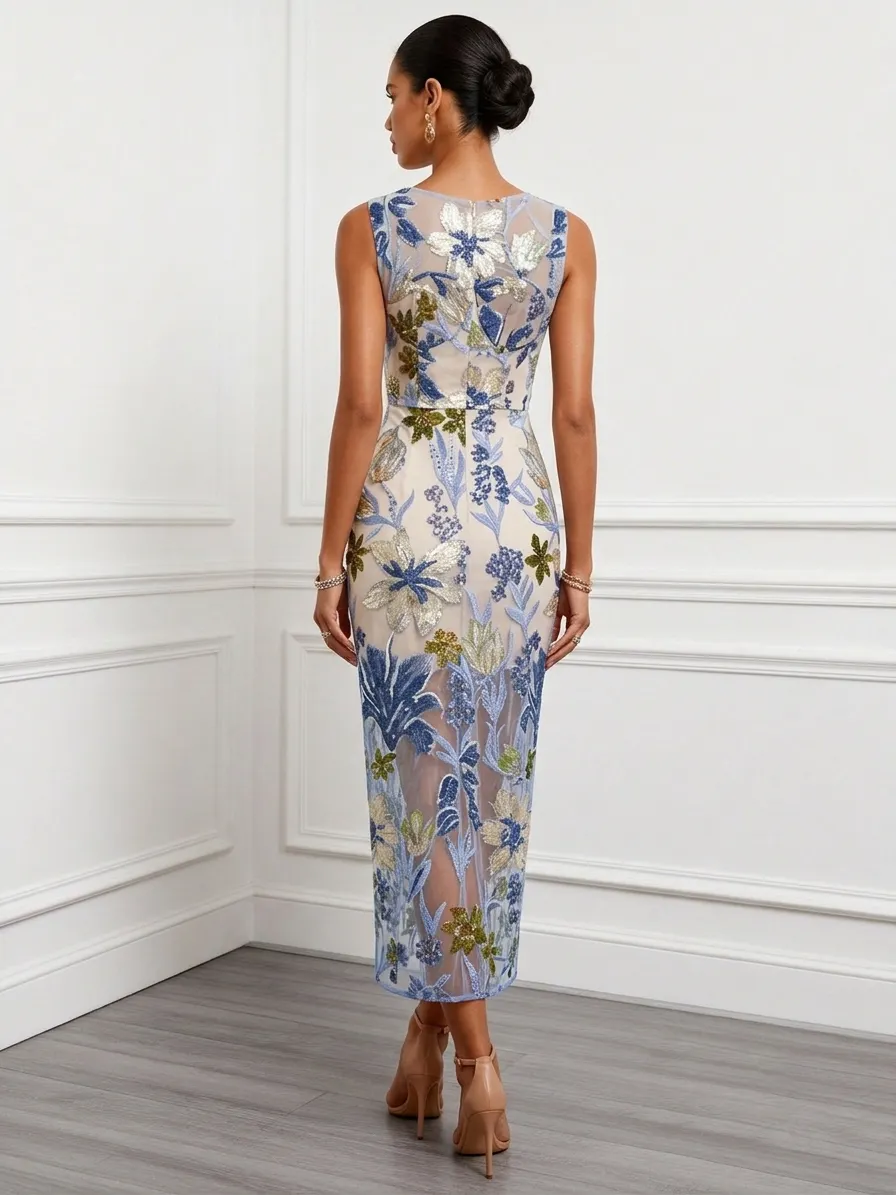 Blue Sequin Embroidery Classic Boat Neck Sleeveless Mermaid Floor-length Gown Dress