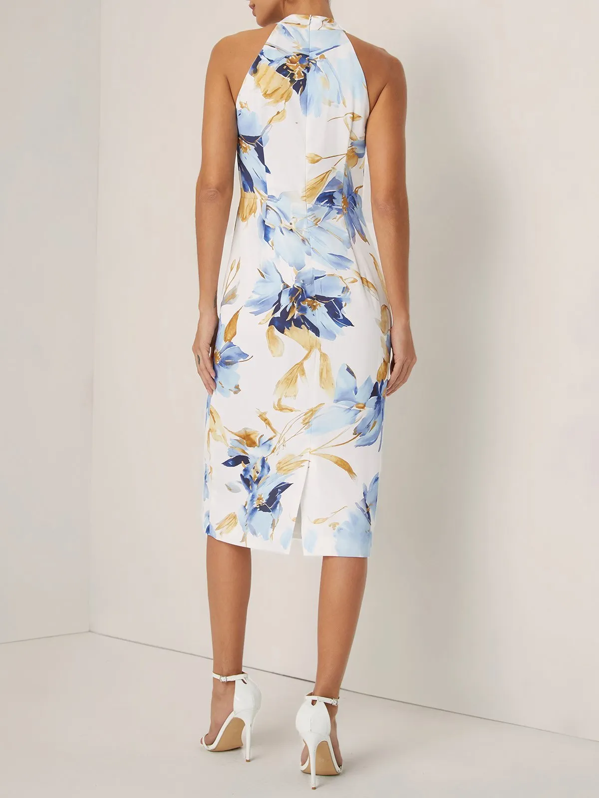 Blue Floral Satin Halter Neck Sleeveless Sheath Midi Dress
