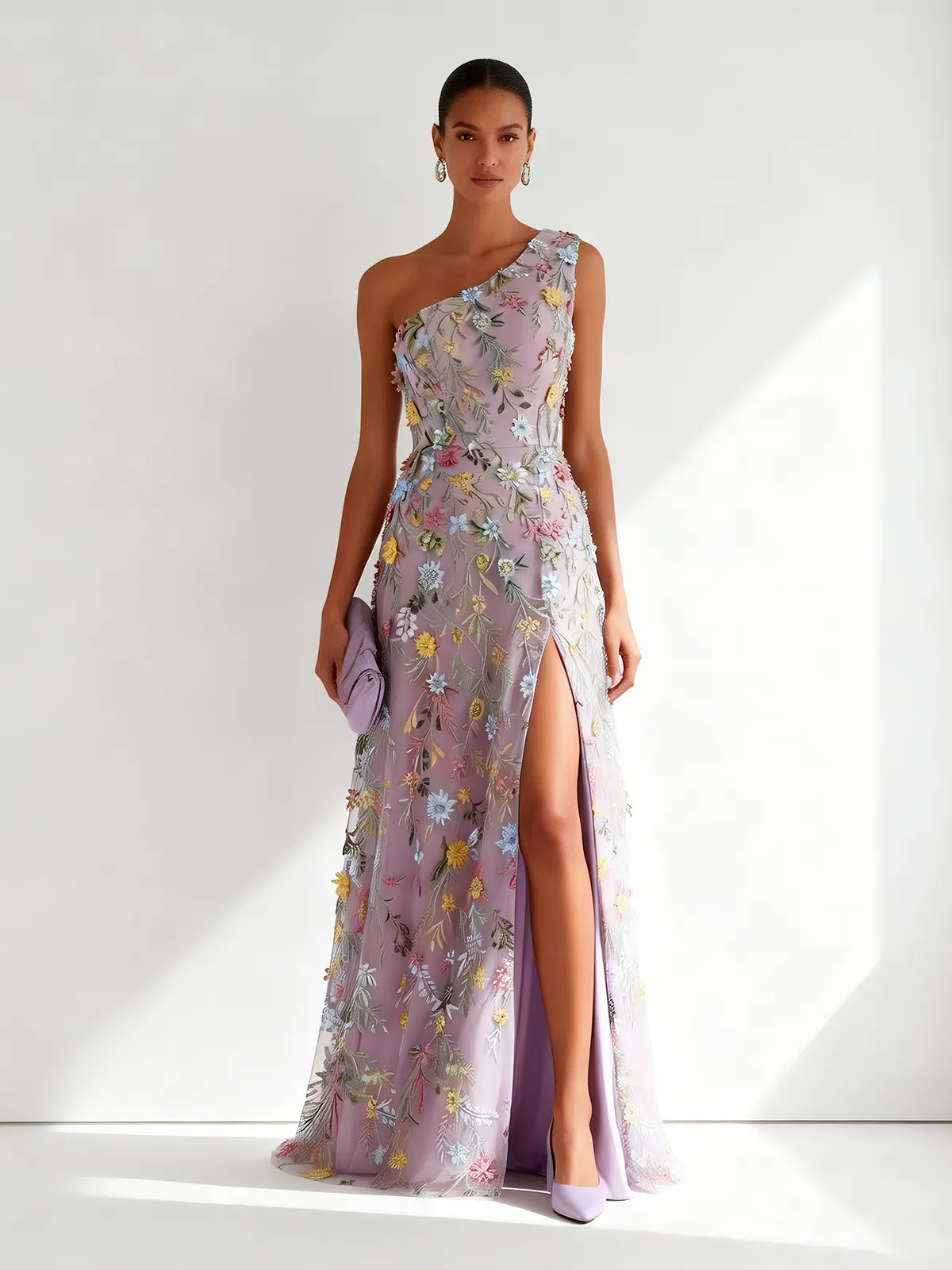 Light Purple Floral Embroidered Classic One Shoulder Sleeveless A-Line Floor-length Gown Dress