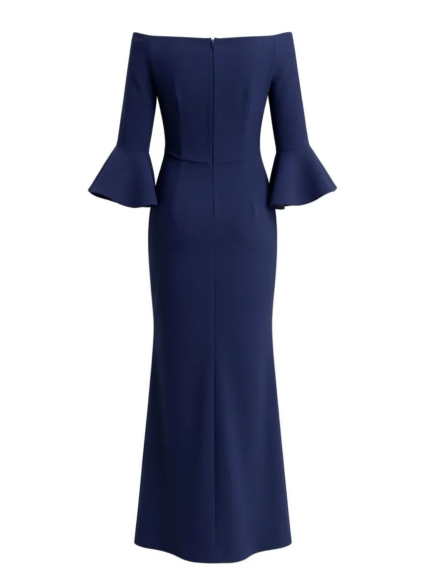 Navy Blue 3D Floral Classic Off The Shoulder Half Sleeve Bell Sleeve Mermaid Maxi Dress