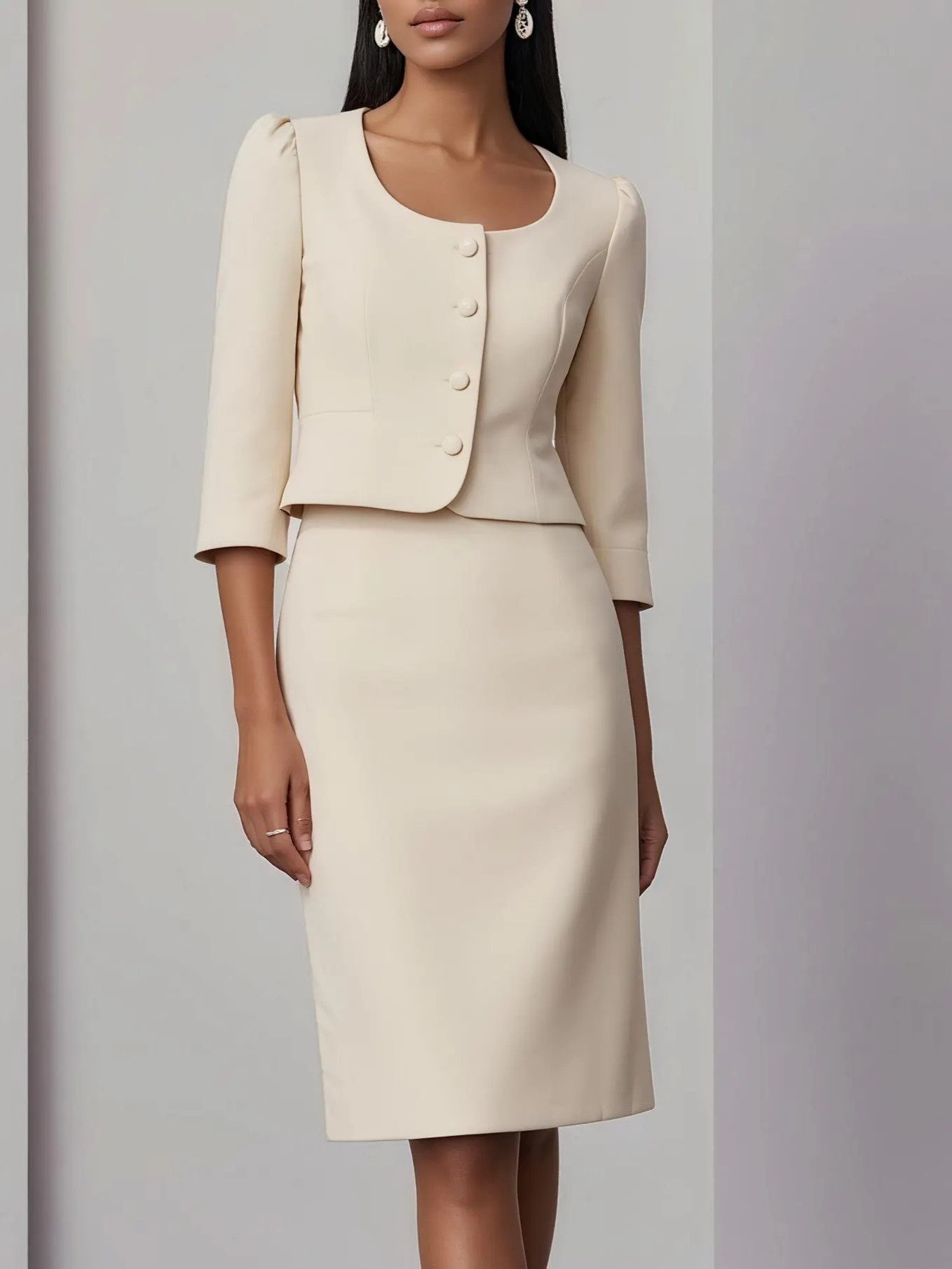 Women Beige Buckle U-Neck Half Sleeve Dressy Coat With Skirt Two-Piece Set - Beige