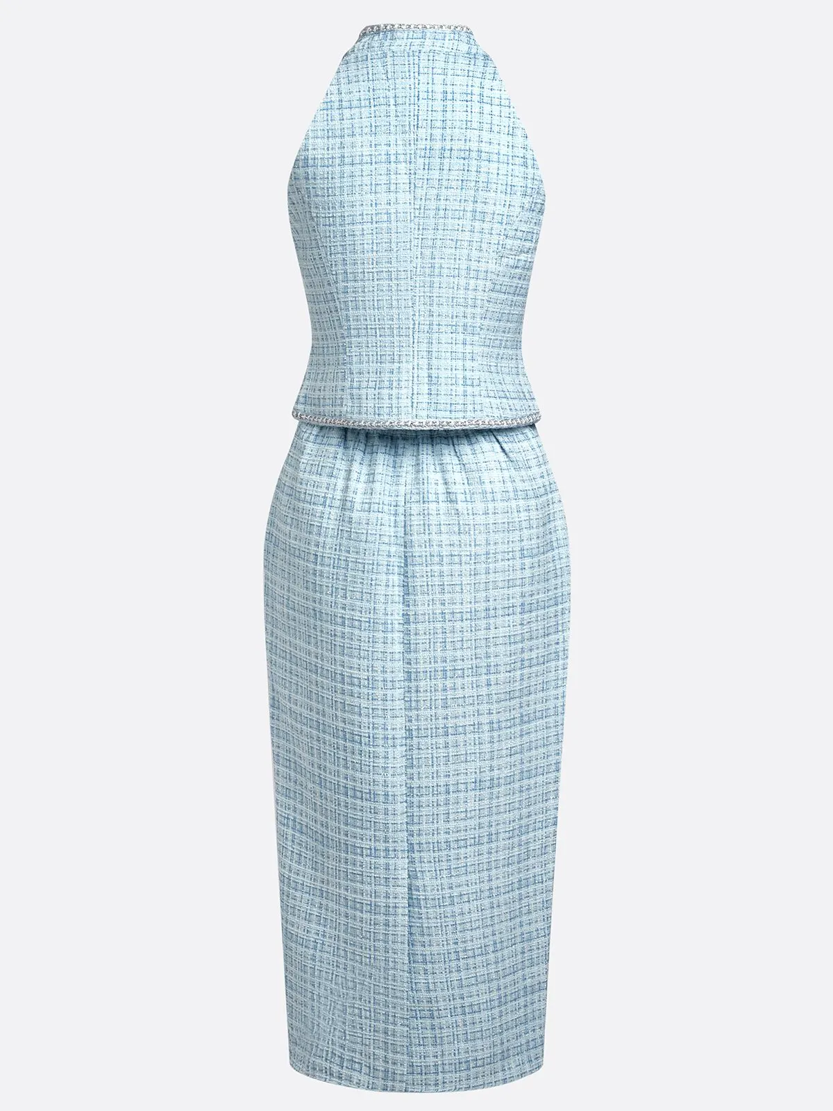 Women Blue Tweed Buckle Rhinestone Turtleneck Sleeveless Dressy Top With Skirt Two-Piece Set