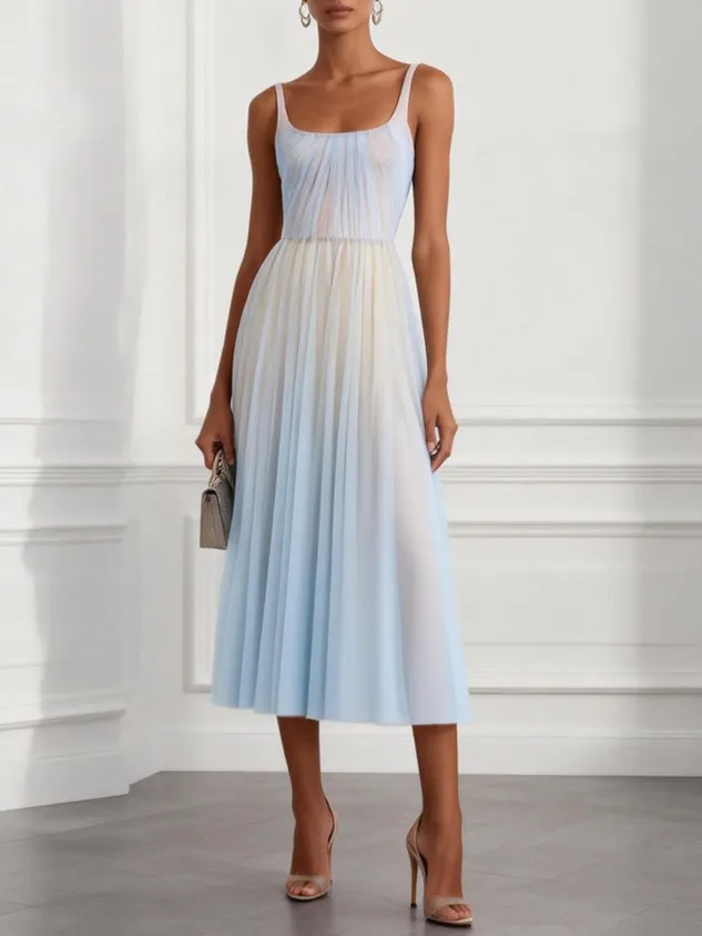 Light Blue Ruched Classic Square Neck Sleeveless A-Line Midi Dress