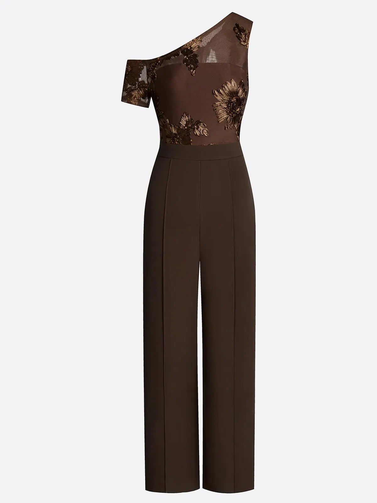 Women Coffee Brown 3D Floral Off The Shoulder Short Sleeve Elegant Jumpsuit