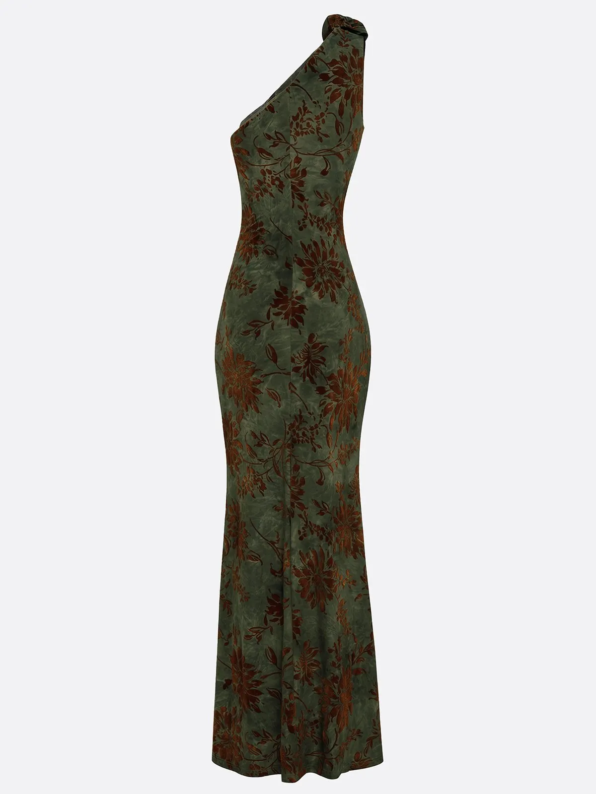 Green 3D Floral Side-Slit Classic One Shoulder Sleeveless A-Line Gown Dress