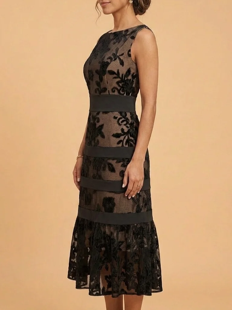 Elegant Black Floral Lace Midi Dress for Mother of the Bride or Groom