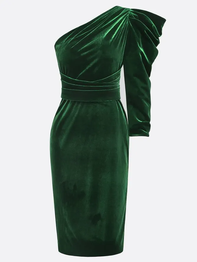 Green One Shoulder Three Quarter Sleeve Sheath Midi Velvet Dress