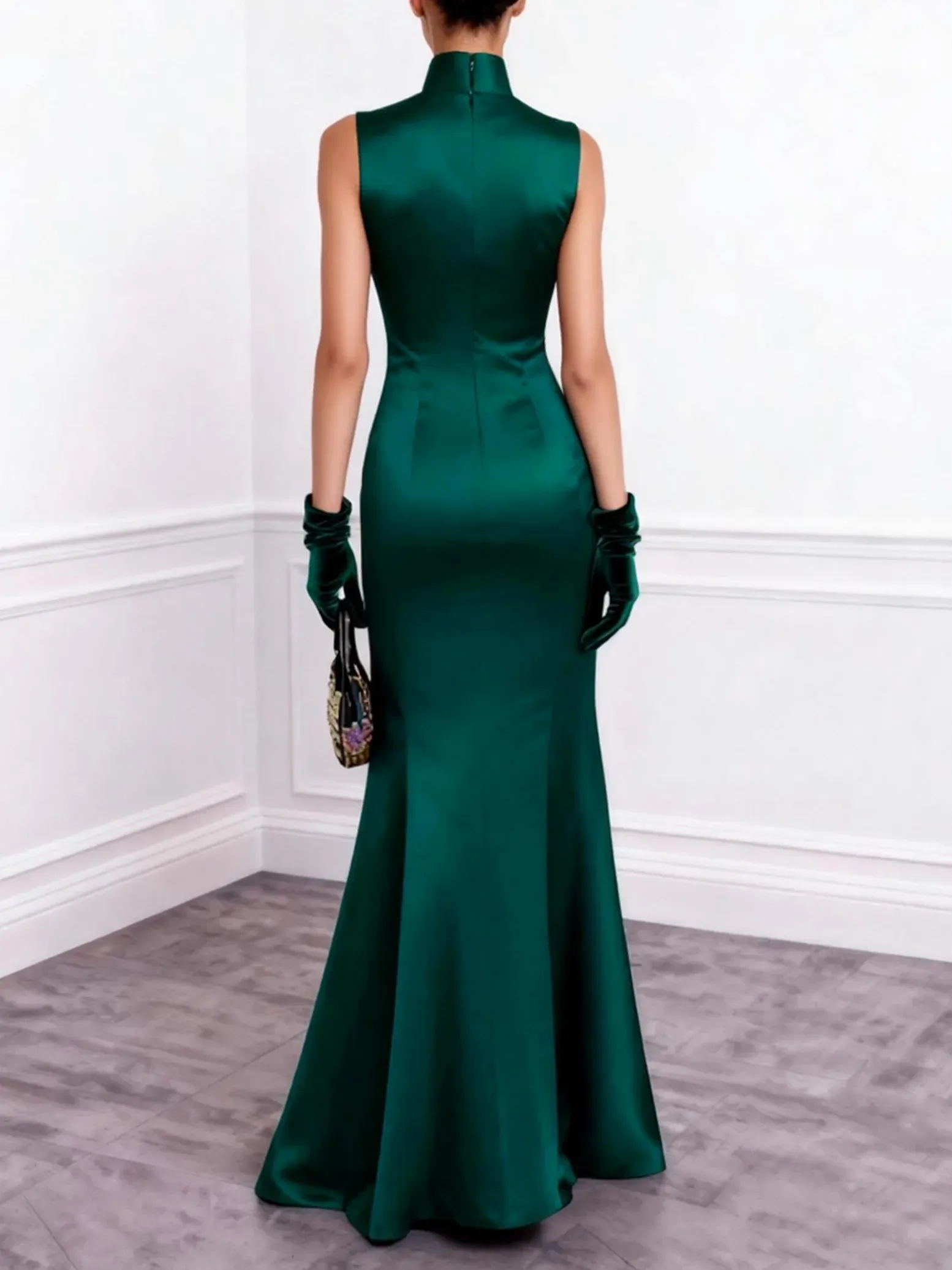 Dark Green Floral Hollow Out Satin Stand Collar Sleeveless Mermaid Gown Dress