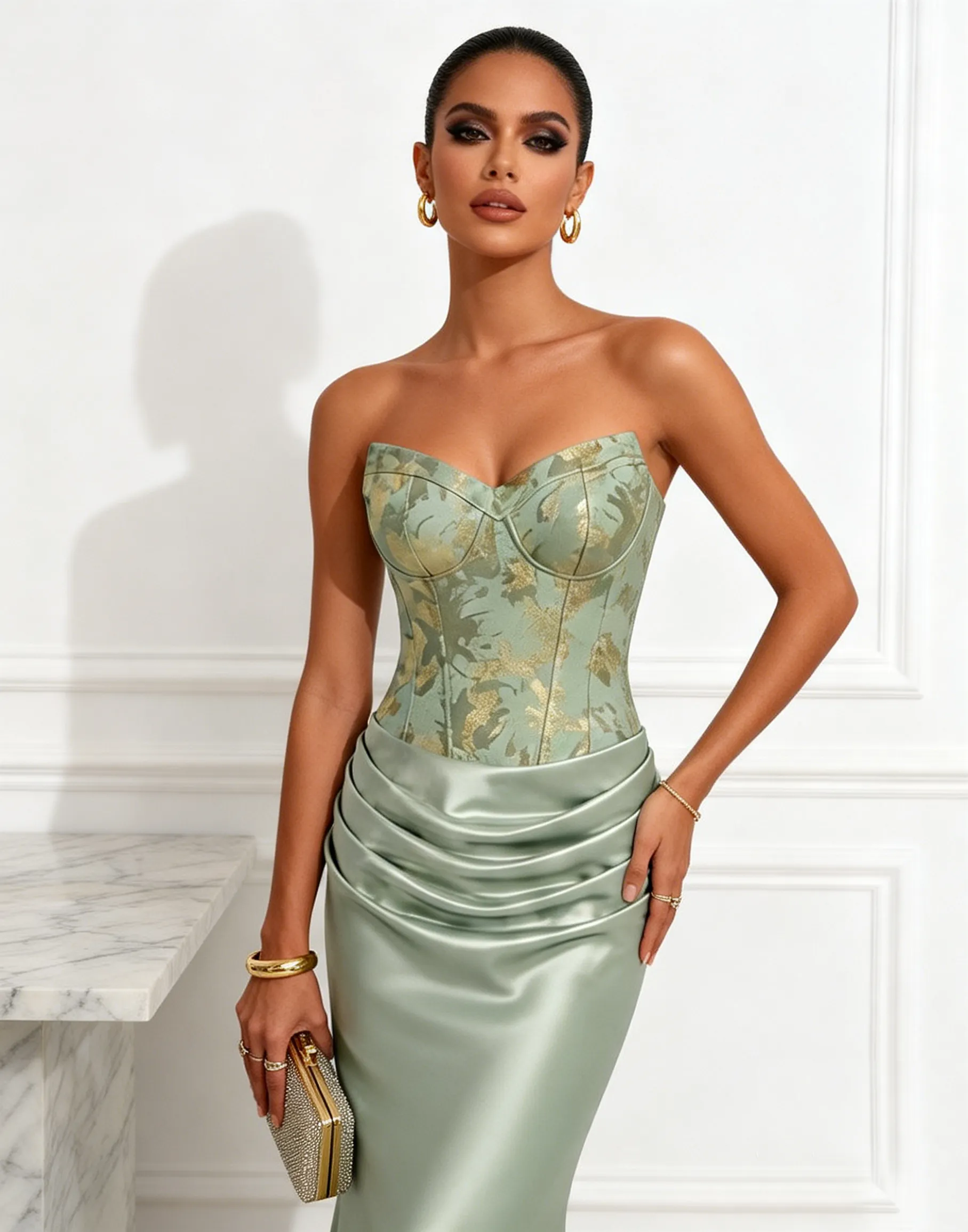 Lightgreen Floral Satin Strapless Sleeveless Mermaid Gown Dress