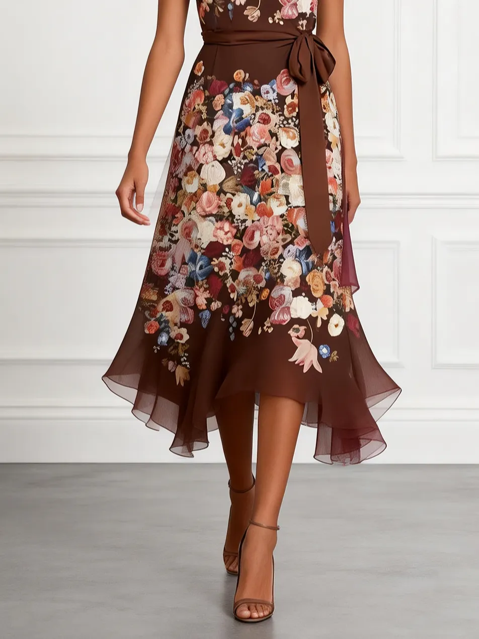 Red Brown Floral Chiffon Crew Neck Sleeveless A-Line Midi Dress
