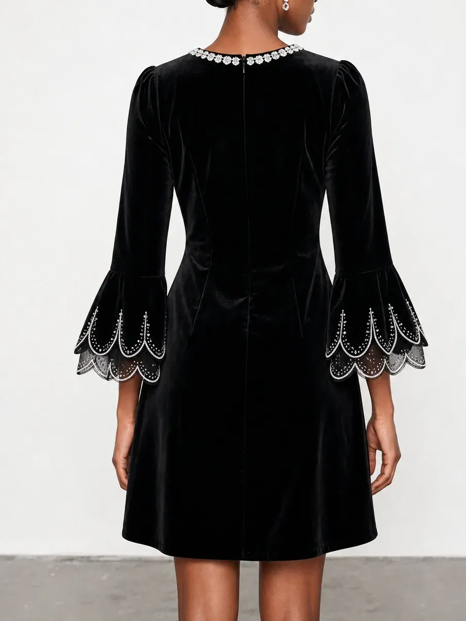 Black Rhinestone Velvet Crew Neck Three Quarter Sleeve Bell Sleeve A-Line Mini Dress - Black