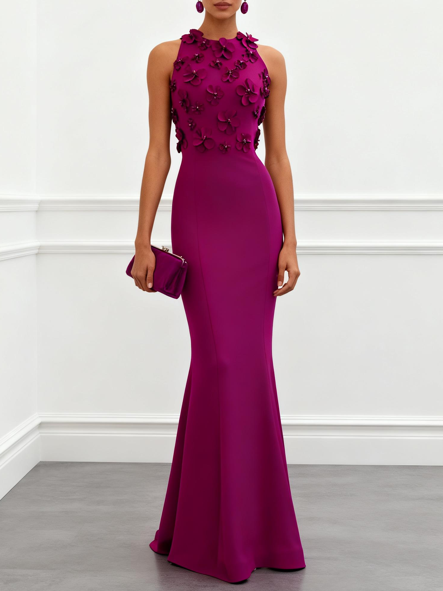 Purple 3D Floral Classic Crew Neck Sleeveless Mermaid Floor-length Gown Dress - Purple