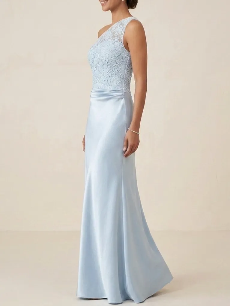 One Shoulder Satin Mother of the Bride Dress with Lace Appliques Formal Floor Length Party Dress