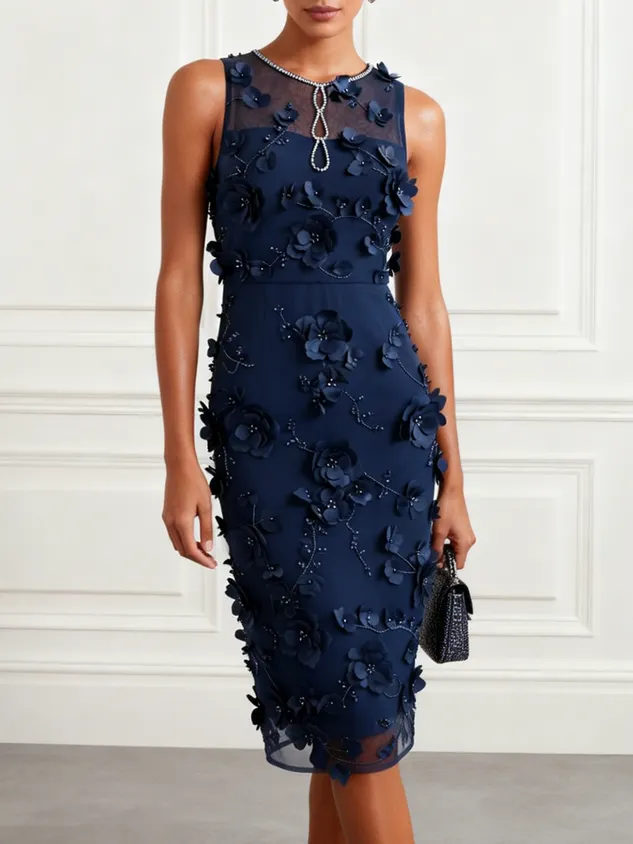 Navy Blue 3D Floral Appliqué Rhinestone Classic Boat Neck Sleeveless Sheath Midi Dress