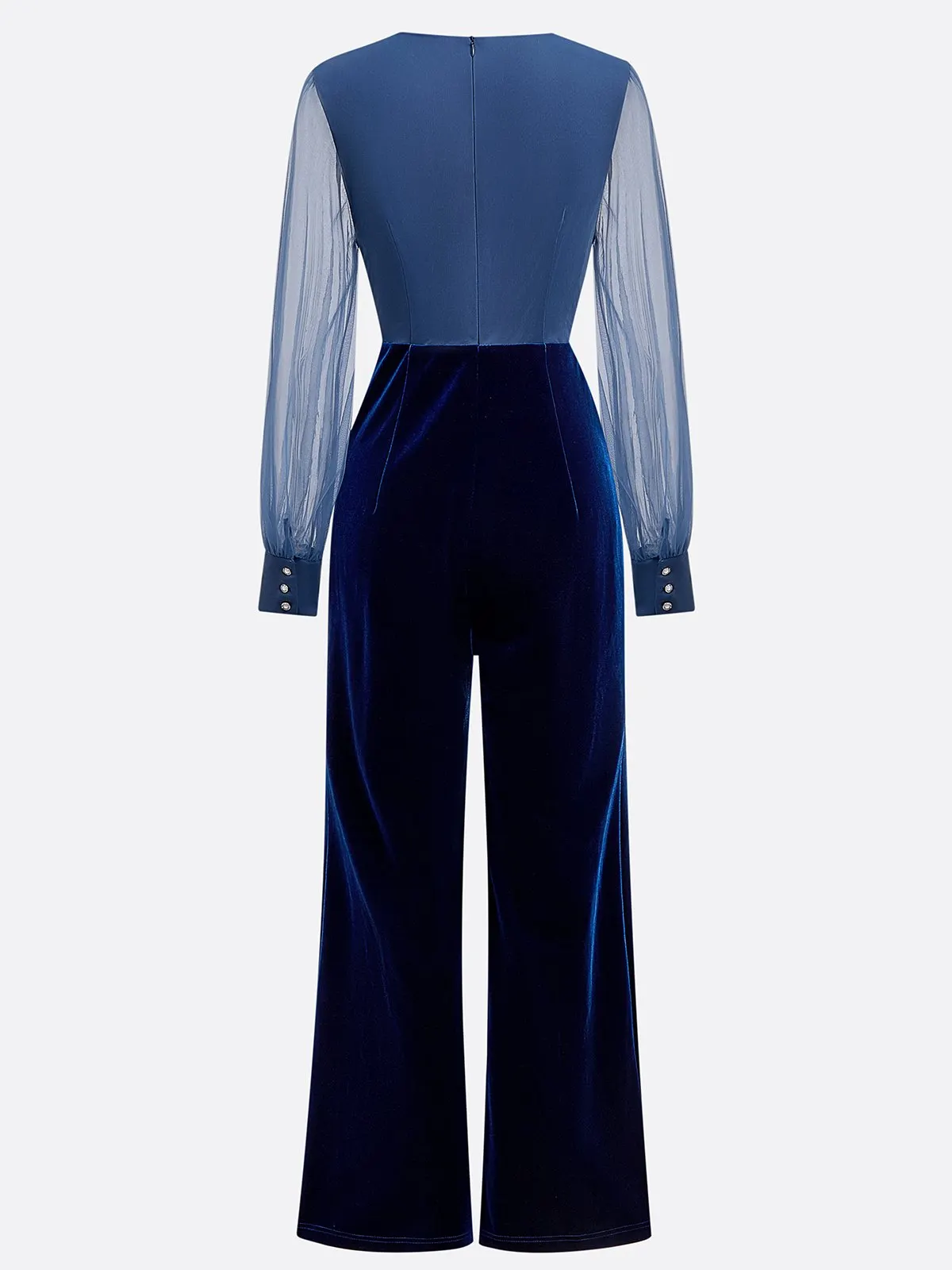Women  Royal Blue Mesh  V Neck Long Sleeve Velvet Jumpsuit
