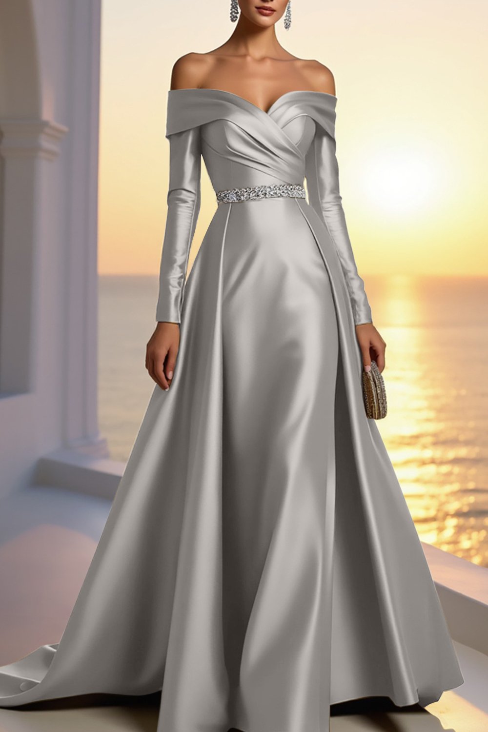 Formal Champagne Satin Dress Off The Shoulder Long Sleeve Maxi Gown