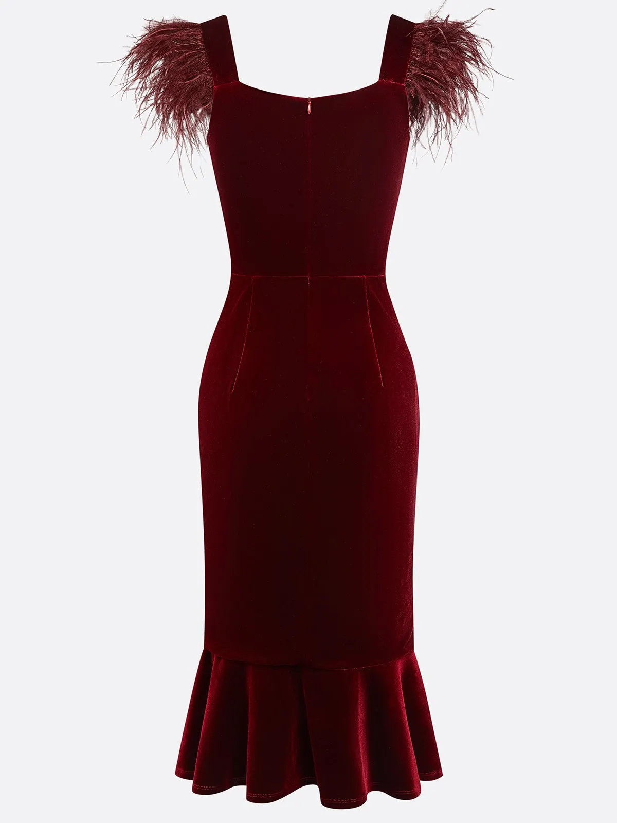 Wine Red Feather Velvet Square Neck Sleeveless Mermaid Midi Dress