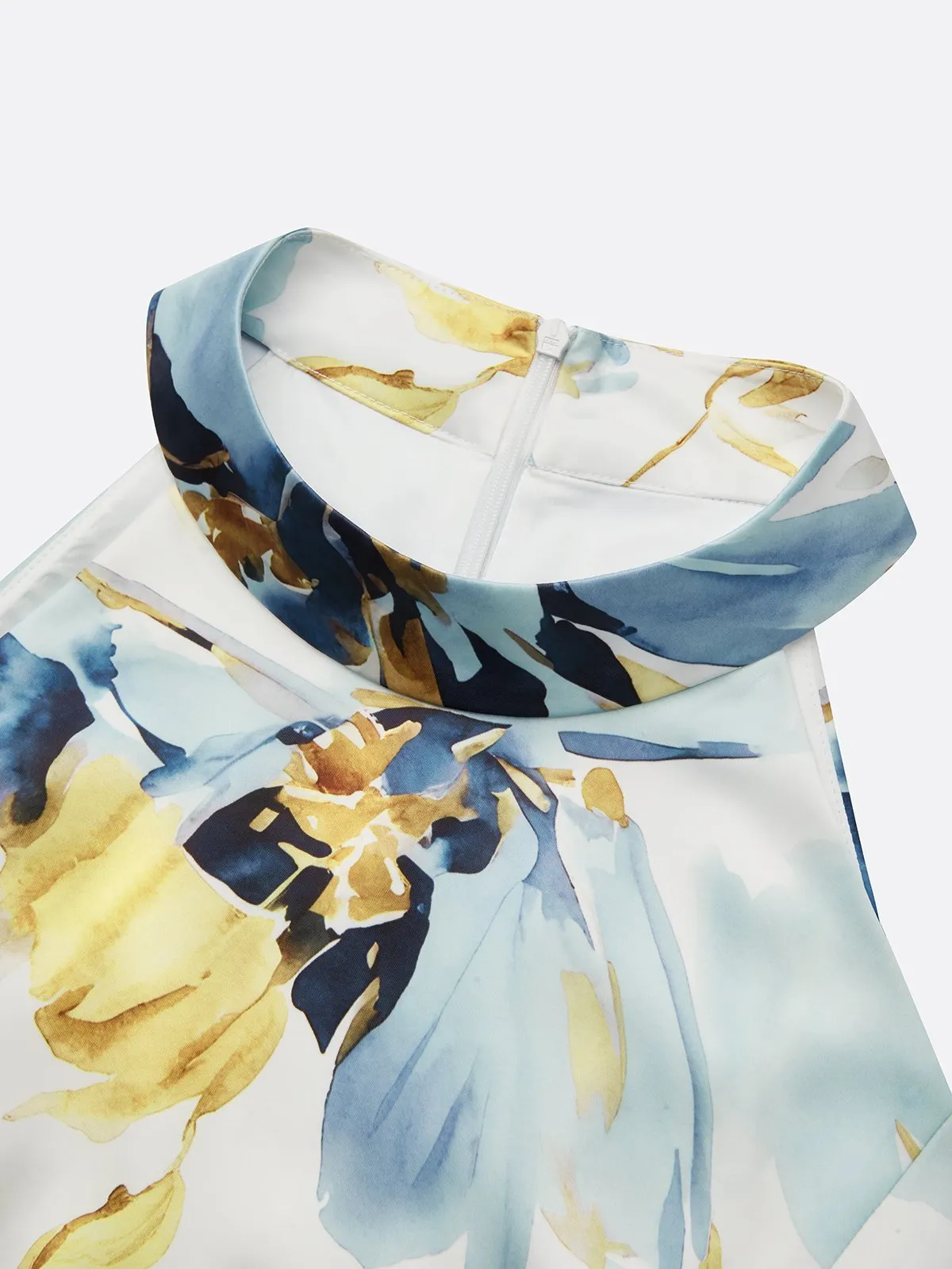 Blue Floral Satin Halter Neck Sleeveless Sheath Midi Dress