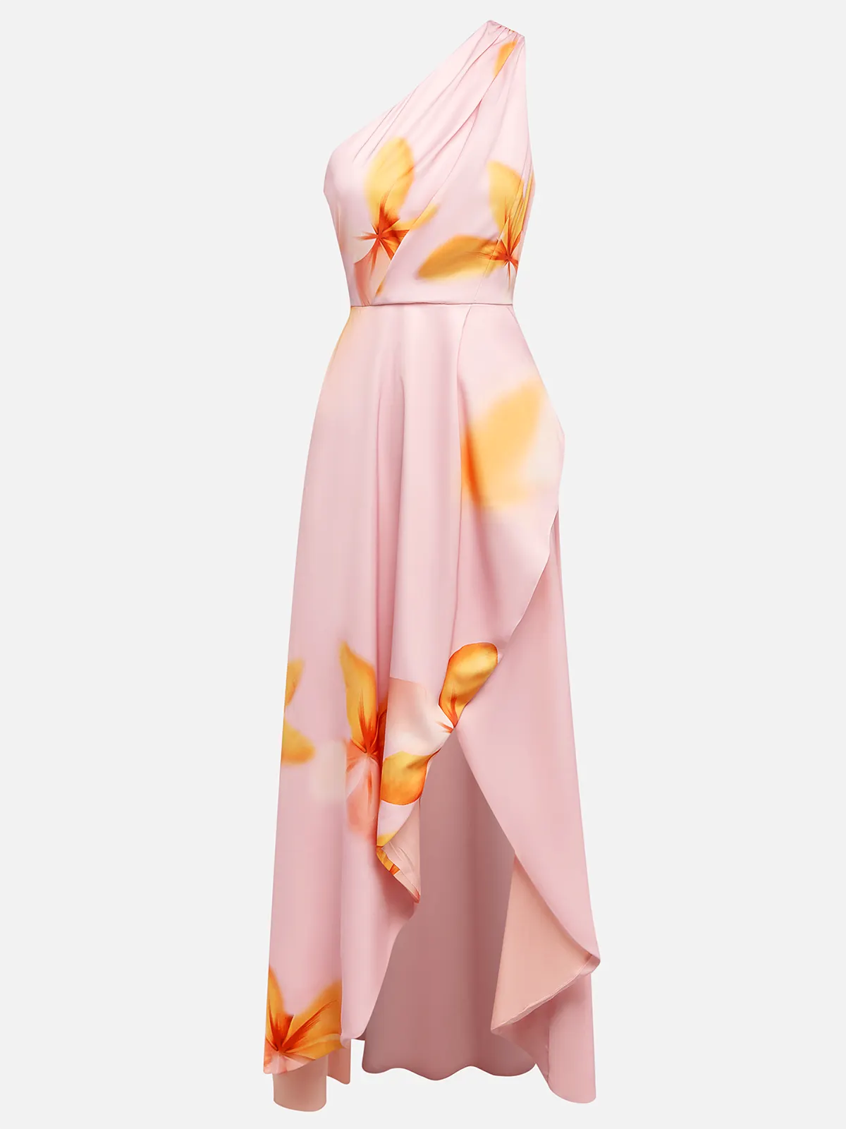 Pink Asymmetric Floral Classic One Shoulder Sleeveless A-Line Maxi Dress