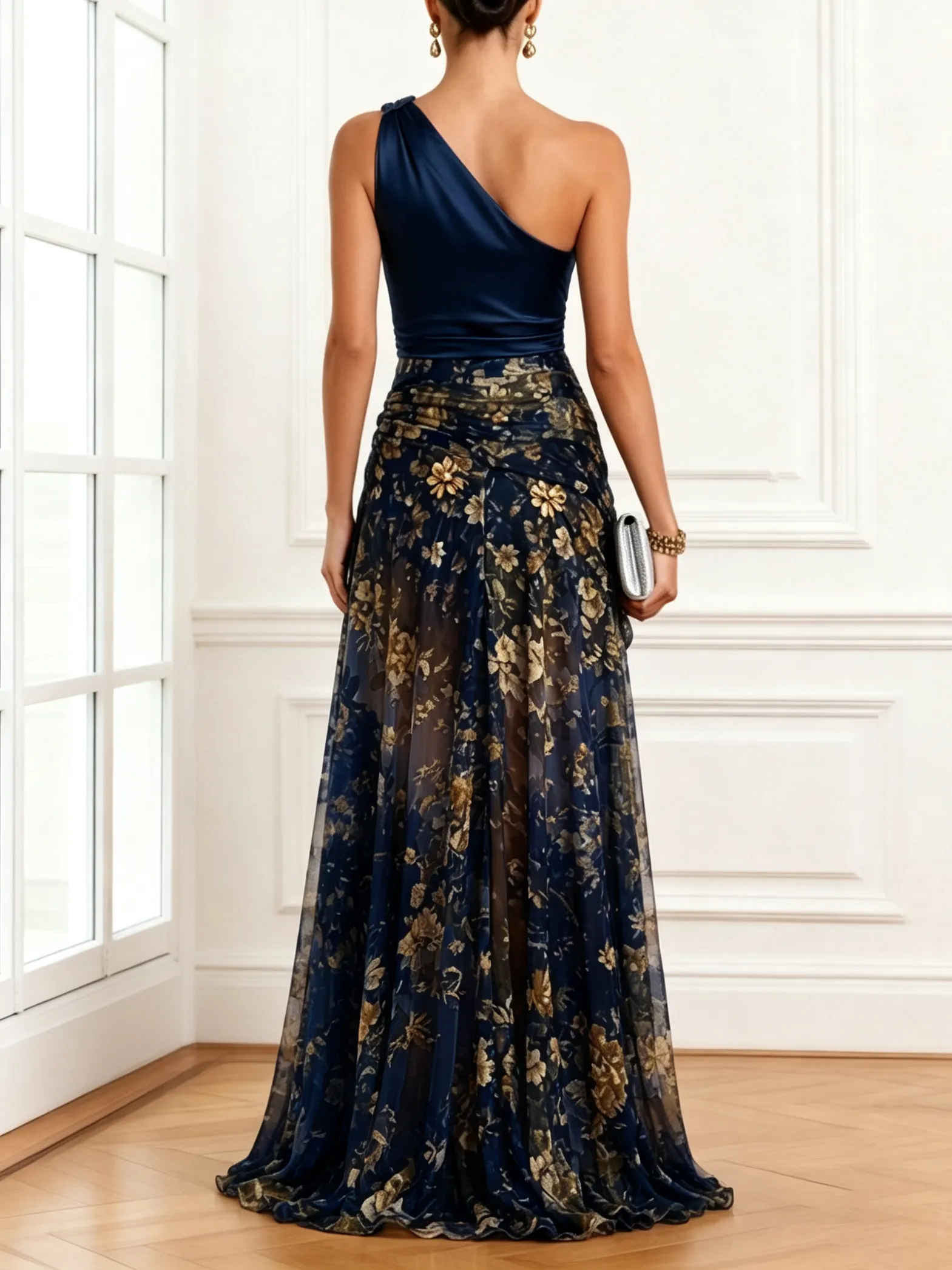 Purplish Blue Ruched Side-Slit Chiffon One Shoulder Sleeveless A-Line Gown Dress - Purplish Blue