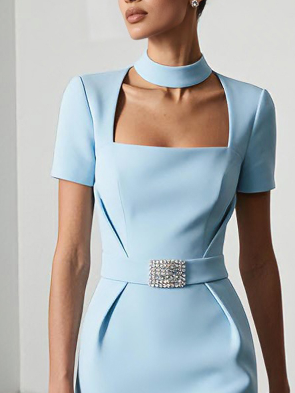 Light Blue Rhinestone Classic Square Neck Short Sleeve Sheath Midi Dress - Light Blue
