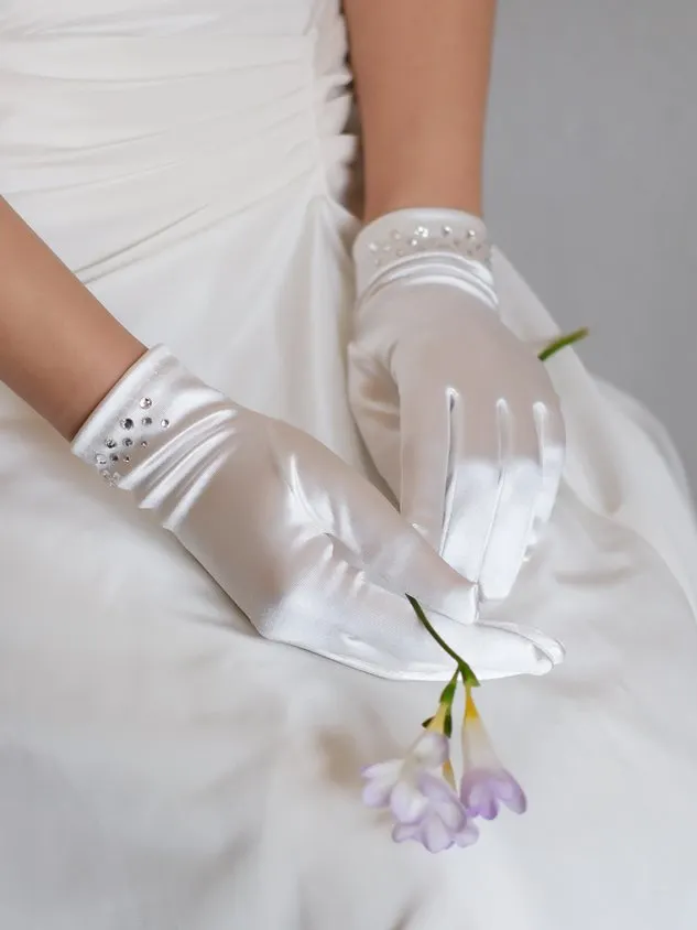 Retro-style Short Minimalist Rhinestone Satin Elegant Bridal Banquet/wedding Gloves