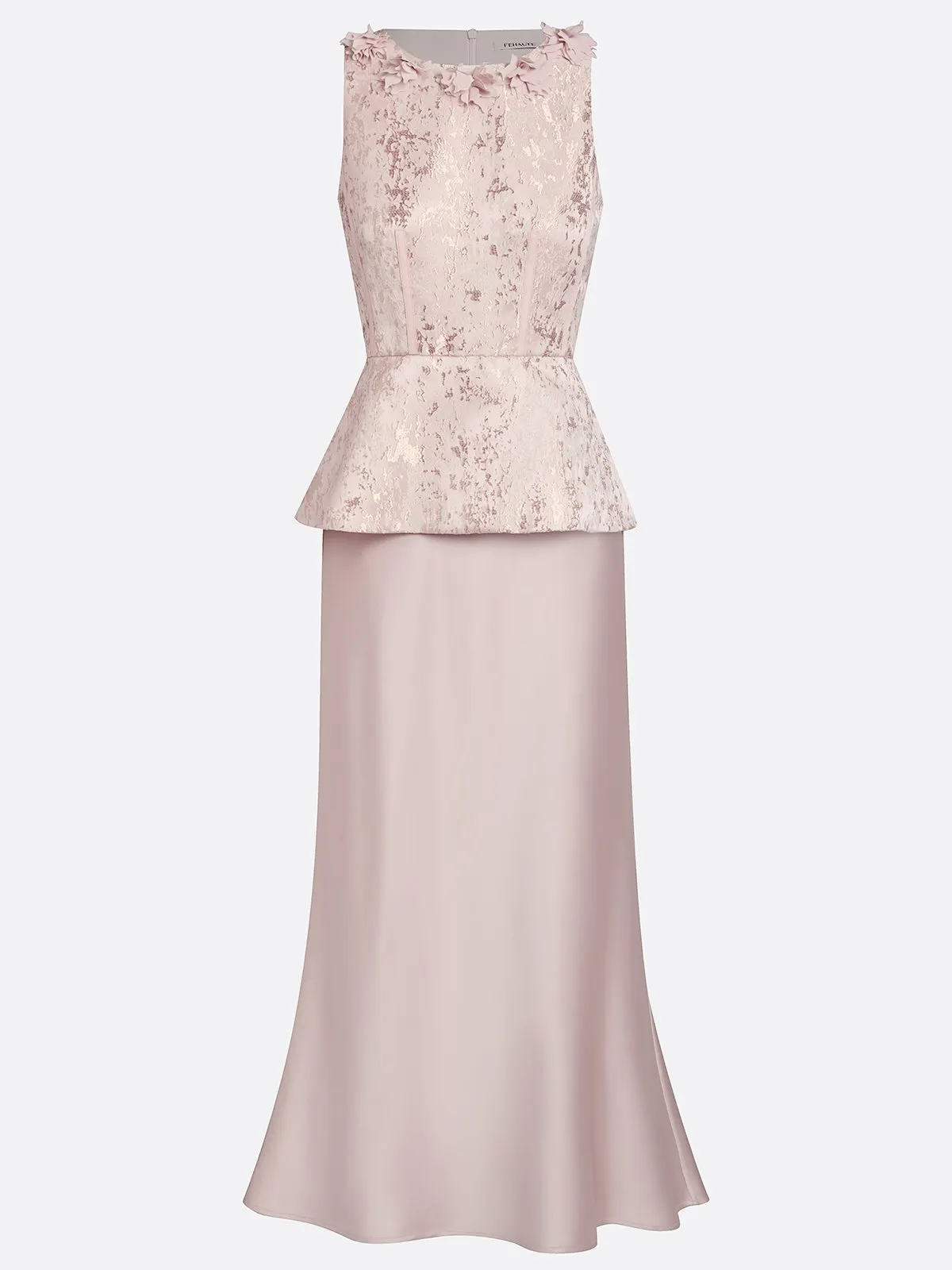Elegant Peplum Satin Maxi Gown with Floral Appliqué – Sophisticated Mother of the Bride Dress