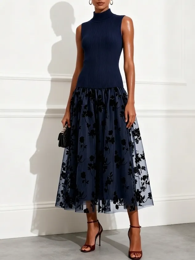 Navy Blue Flocked Knit High Neck Sleeveless A-Line Maxi Dress