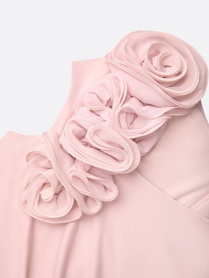 Pink 3D Floral Ruched Knit Asymmetrical Short Sleeve Bodycon Midi Dress