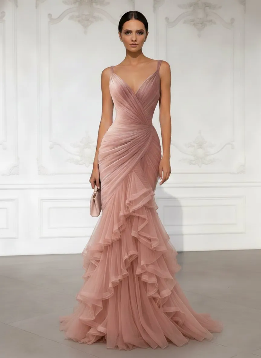 Pink Folds Tulle Spaghetti Sleeveless Mermaid Gown Dress