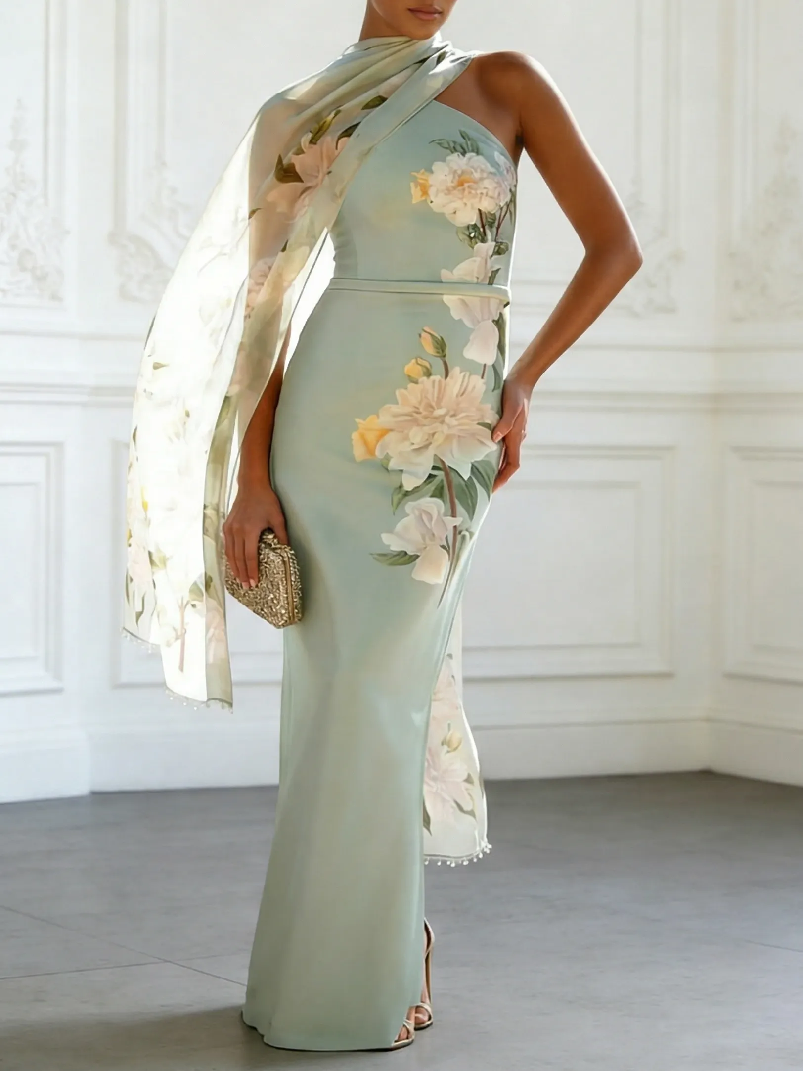 Light Green Floral Classic One Shoulder Sleeveless Sheath Maxi Dress - Lightgreen