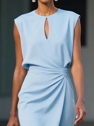 Light Blue Ruched Cut Out Classic Crew Neck Cap Sleeve Sheath Midi Dress