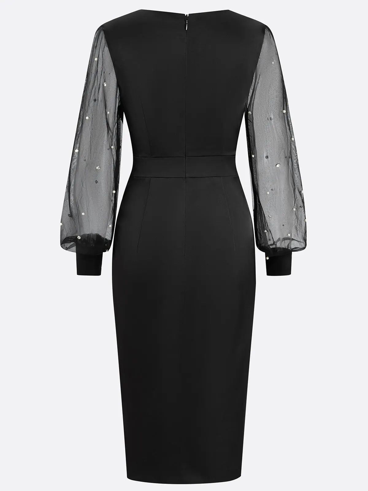 Black Beaded Slit Satin V Neck Long Sleeve Balloon Sleeve Sheath Midi Dress