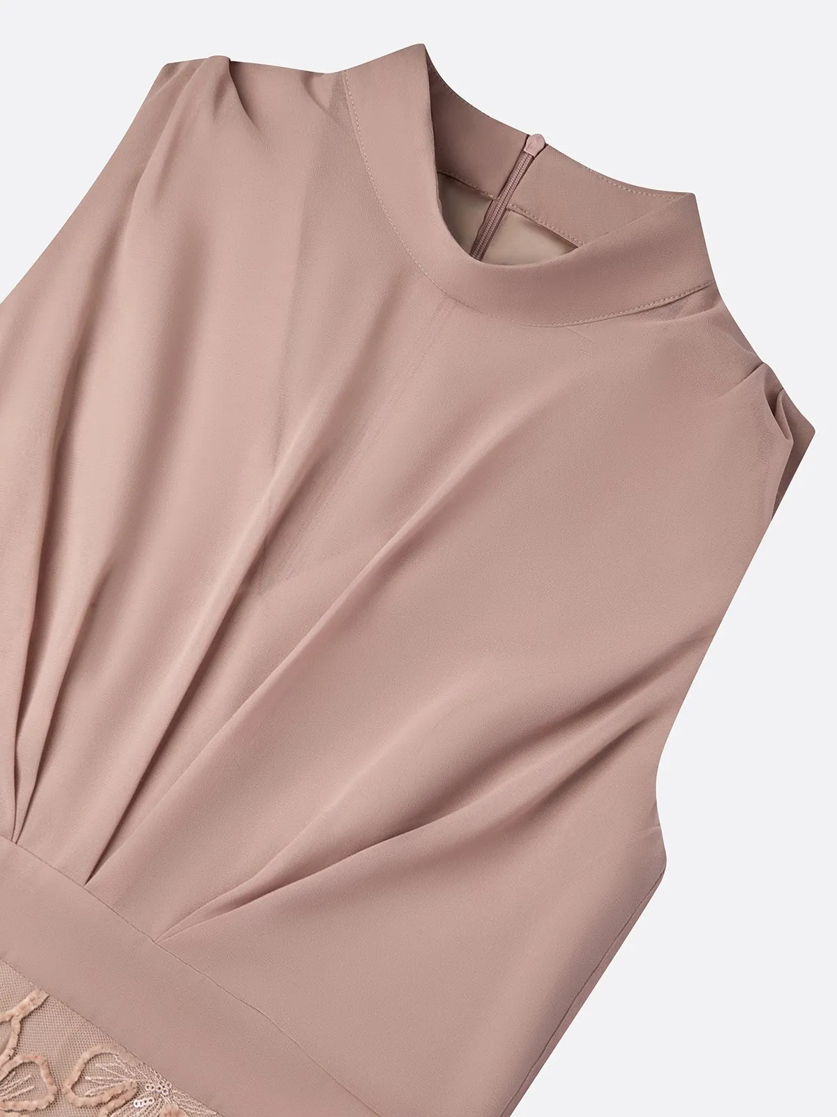 Light Pink Brown Jacquard Ruched Classic Mock Neck Sleeveless Mermaid Gown Dress