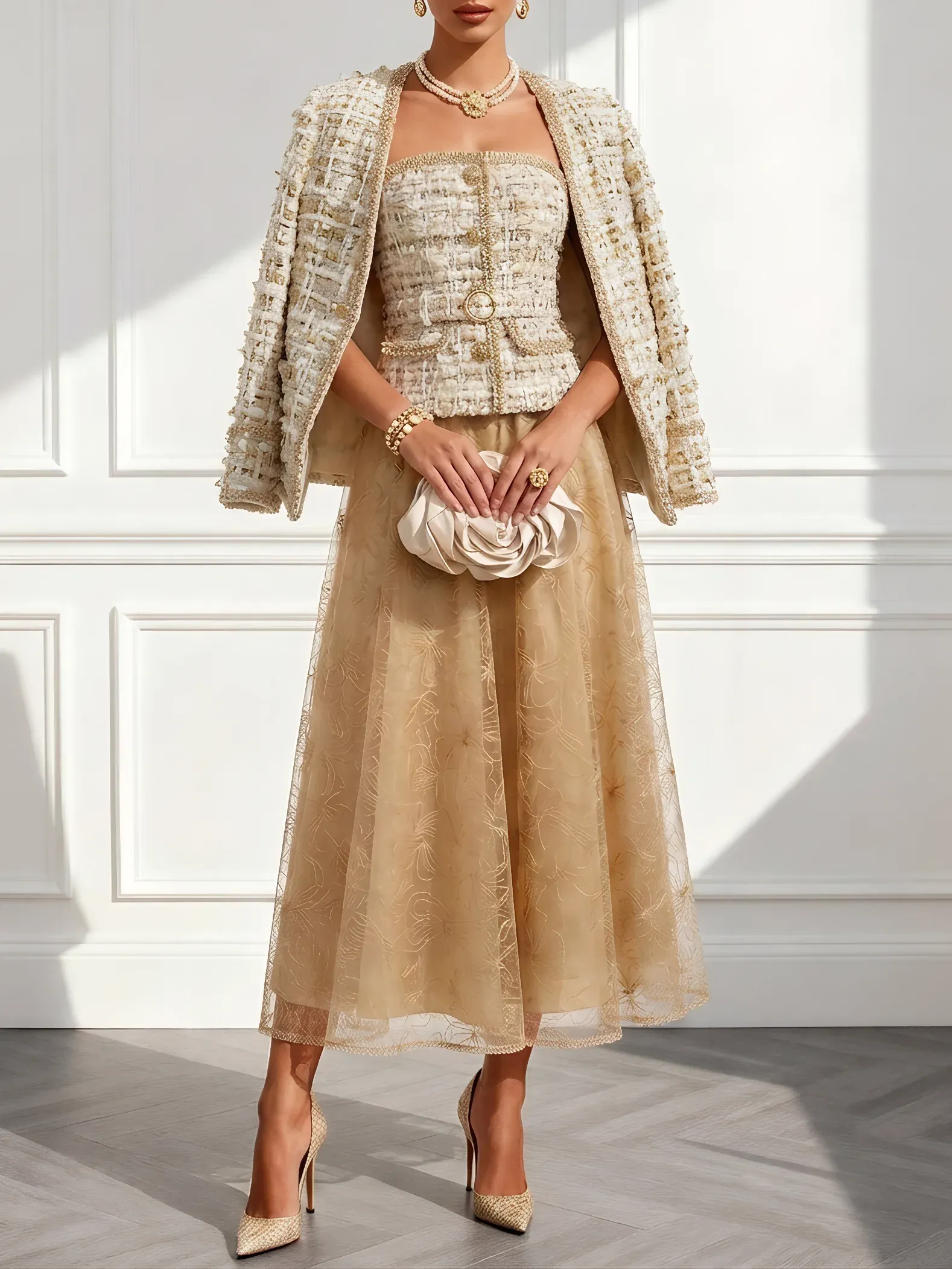 Women Spring/Fall Khaki Tweed Webbing V Neck Jacket