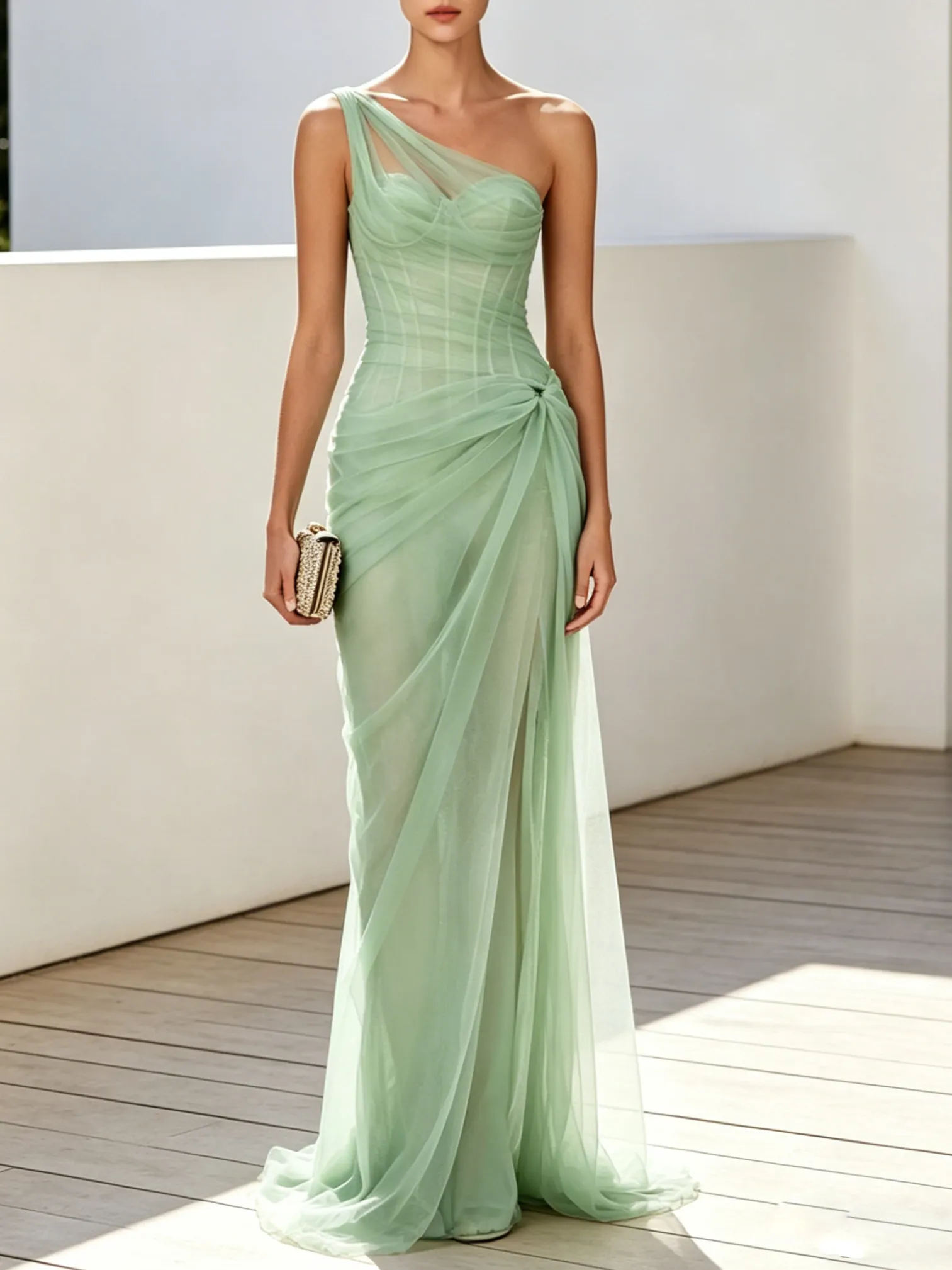 Green Chiffon One Shoulder Sleeveless Corset Sheath Floor-length Gown Dress - Green