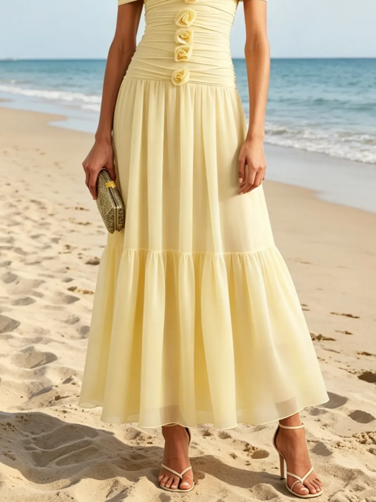 Yellow 3D Floral Chiffon Off The Shoulder Short Sleeve A-Line Maxi Dress