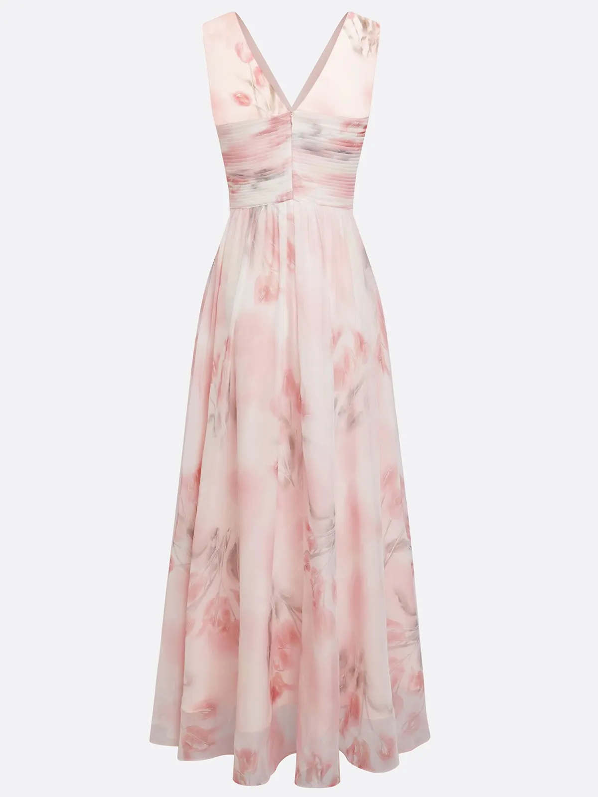 Light Pink Floral Ruched Chiffon V Neck Sleeveless A-Line Floor-length Gown Dress