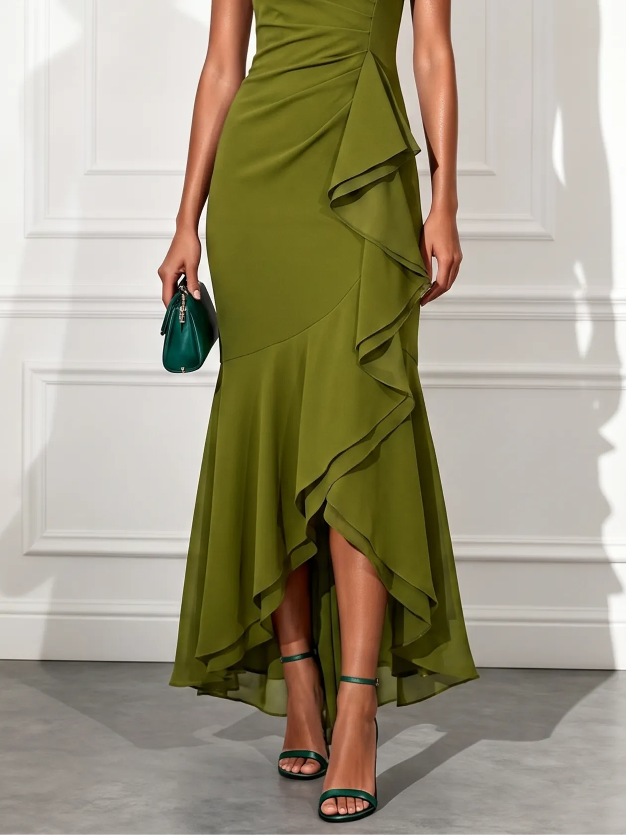 Green Ruffled Knit Crew Neck Sleeveless Bodycon Maxi Dress