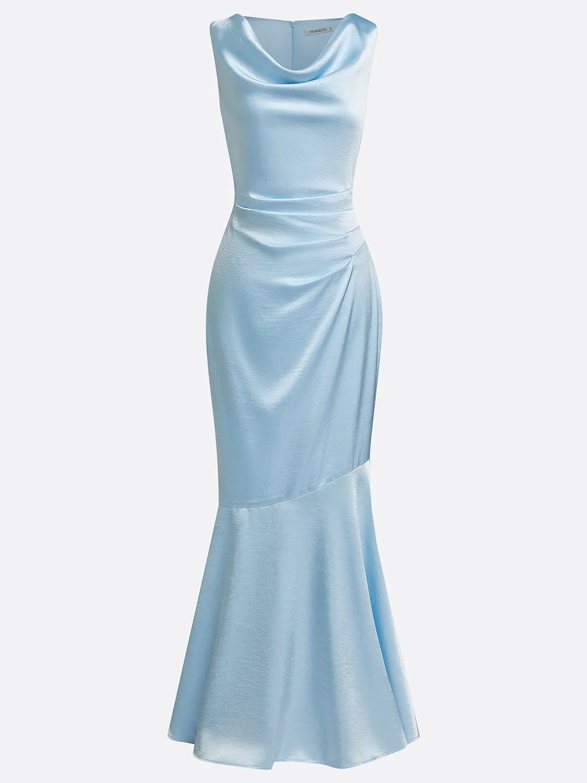 Light Blue Ruched Satin Cowl Neck Sleeveless Mermaid Gown Dress