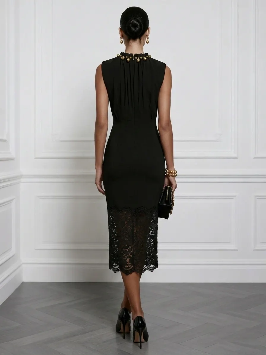 Black Faux Pearl Lace Classic Crew Neck Sleeveless Sheath Midi Dress