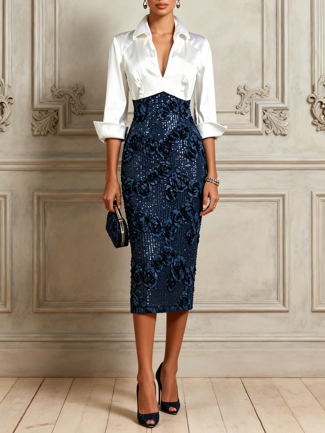 Purplish Blue Jacquard Sequin Shirt Collar Three Quarter Sleeve Sheath Midi Dress