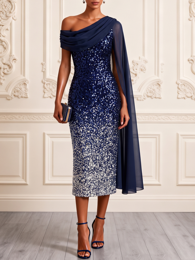 Navy Blue Ruched Sequin Asymmetrical Short Sleeve Sheath Midi Dress