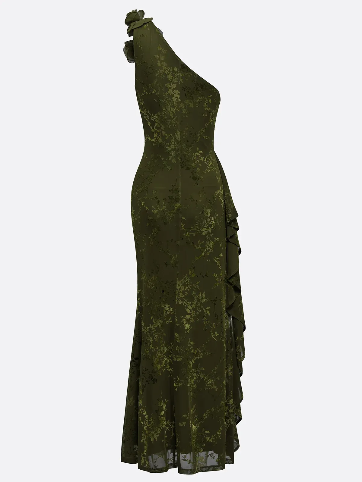 Army Green 3D Floral Ruffled Classic One Shoulder Sleeveless Mermaid Maxi Dress