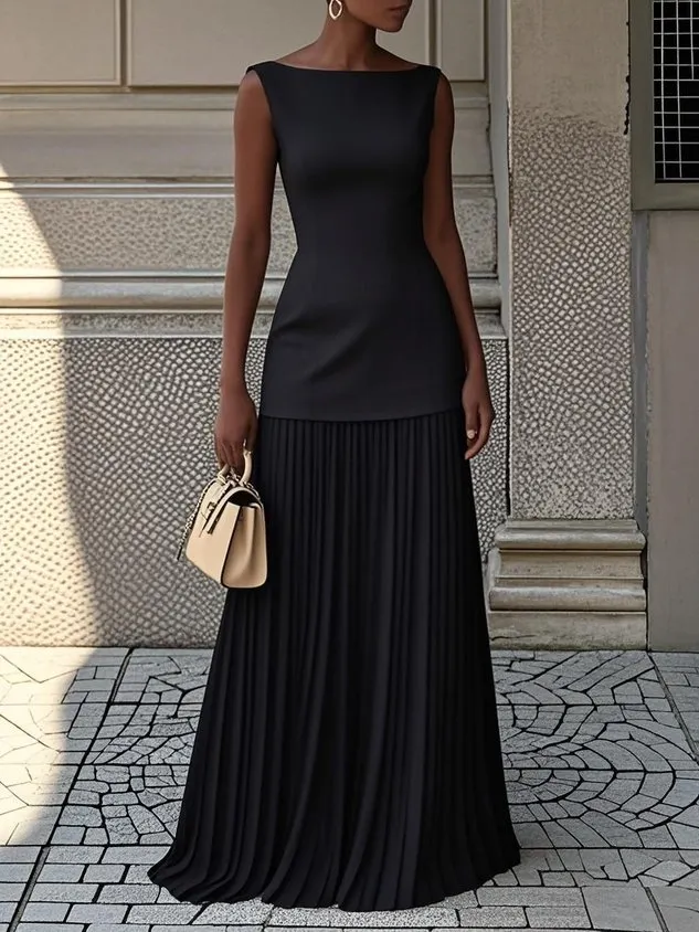 Light Yellow Pleated Classic Boat Neck Sleeveless A-Line Floor-length Gown Dress