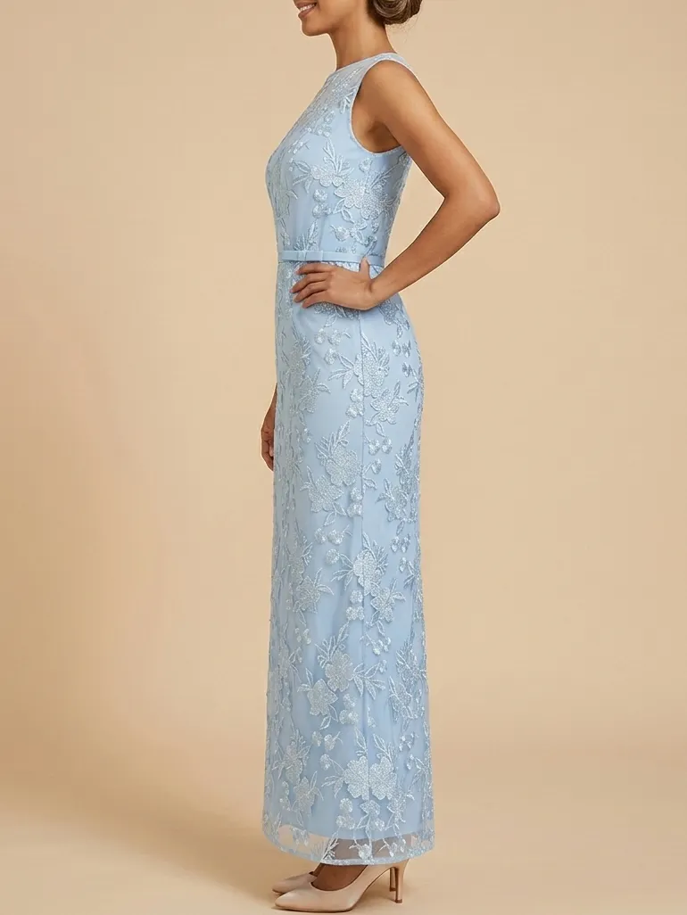 Light Blue Embroidered Lace Mother of the Bride Dress - Elegant A-Line Mesh Maxi Gown