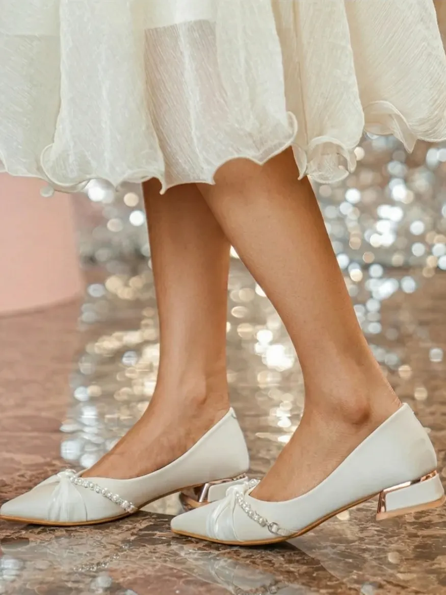 Urban Lightweight Pointed-toe Matte Satin-trimmed Rhinestone And Pearl Low-heeled Wedding Shoes