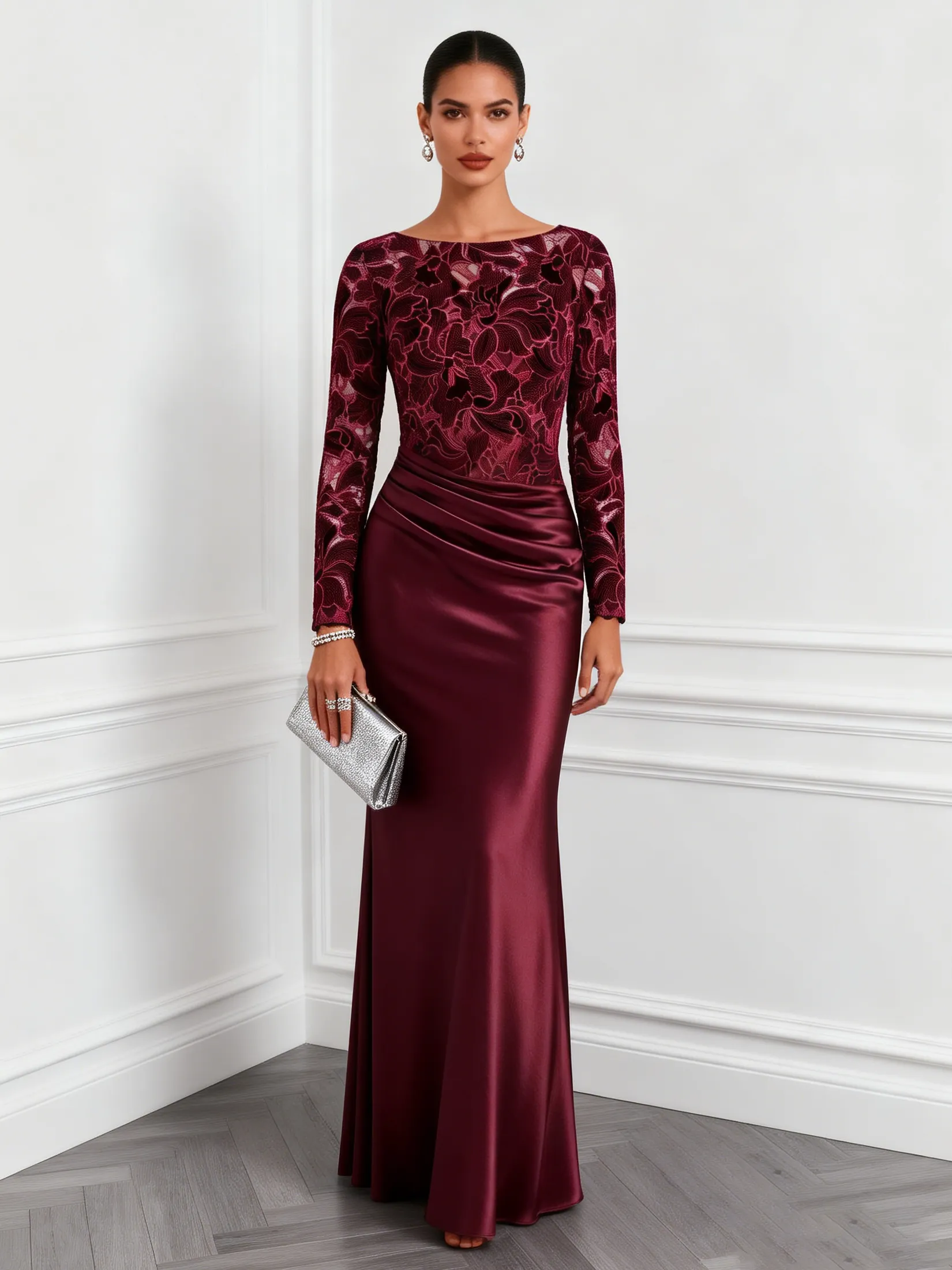 Wine Red Ruched Flocked Satin Boat Neck Long Sleeve Mermaid Floor Length Dress